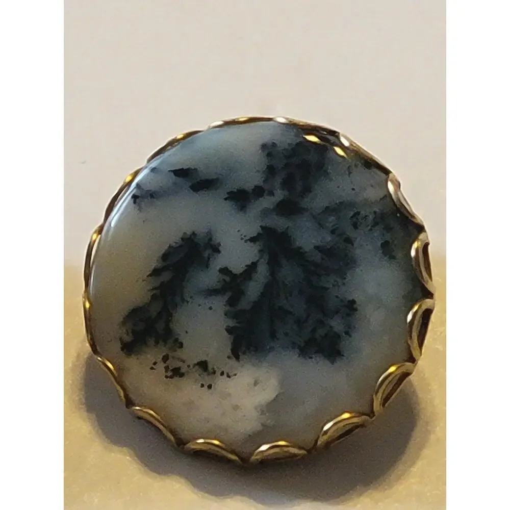 Vintage Estate Cabochon Clip-On Earrings Gold Tone Dendritic Round‎ Jewelry